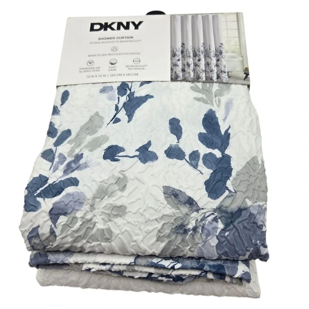 DKNY Floral Silhouette Microsculpt Fabric Shower Curtain White Blue 72x72inch